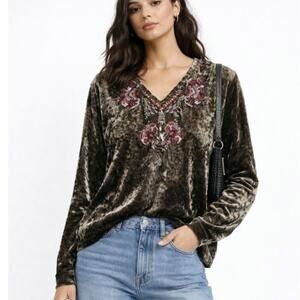 Vintage X American Embroidered Velvet Top Women's Size S Brown Whimsigoth Boho